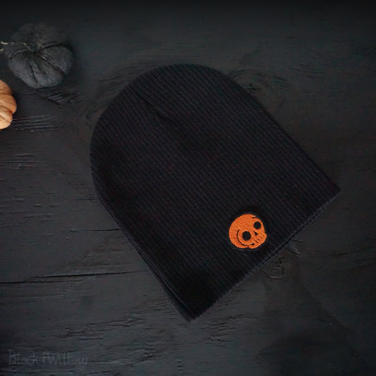 8" Skull Patch Black Beanie Ribbed Knit