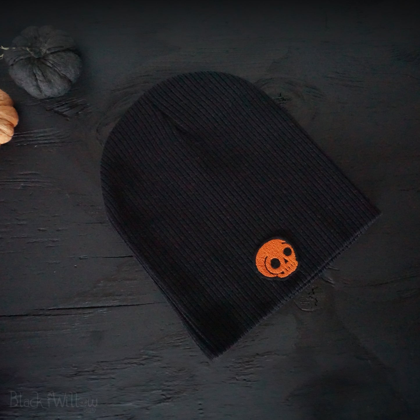 8" Skull Patch Black Beanie Ribbed Knit