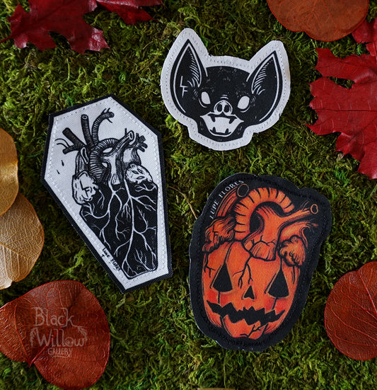 Screaming Bat, Coffin Heart and Pumpkin Heart Fabric Patch